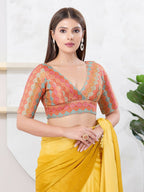 Joban Fashion Peach Brocade Elbow Sleeveless Back Open Blouse | Grocsy