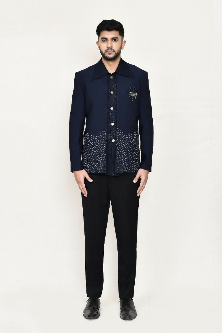 Joban Fashion Blue Colored Terry Rayon Based With Geometry Work Fabric Open Prince Coat, Jacket With Pant | Grocsy