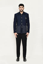 Joban Fashion Blue Colored Terry Rayon Based With Geometry Work Fabric Open Prince Coat, Jacket With Pant | Grocsy