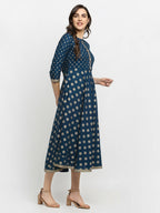 Rudra Bazaar A-Line Gold Floral Printed Turquoise Blue Kurti | Grocsy