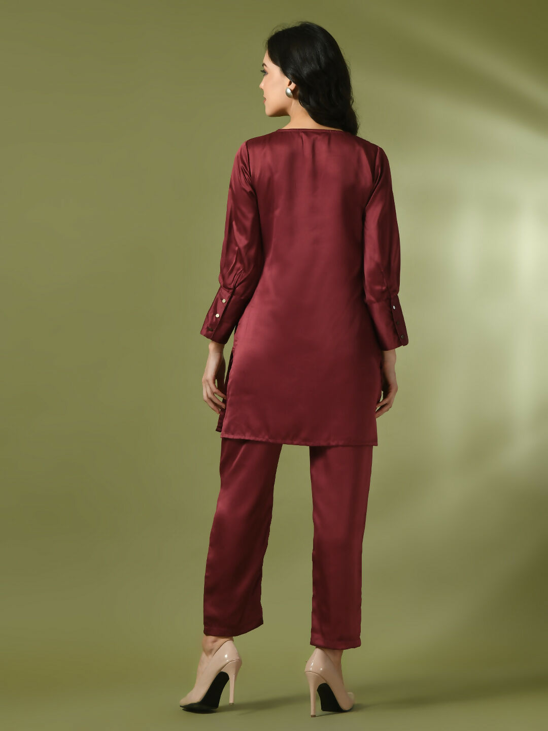 Myshka Women's Maroon Solid Satin V-Neck Party Tunic With Trousers Co-ord set | Grocsy