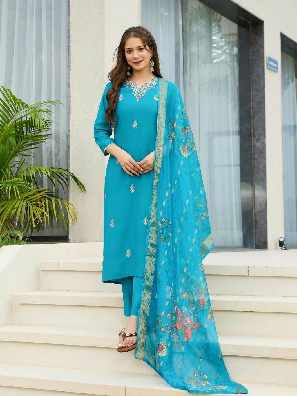 The52 Blue Women's Gorgeous Viscose Fabric Embroidered Work Straight Kurta, Pant and Dupatta Set | Grocsy