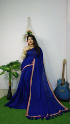 Exclusive Collection Beautiful Khadi Cotton Handloom Saree With Beautiful Zari Border - Royal Blue | Grocsy