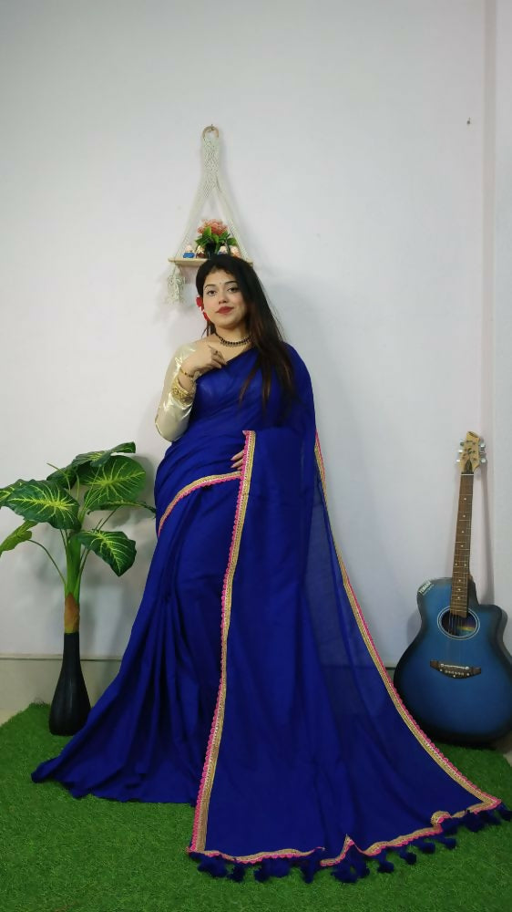 Exclusive Collection Beautiful Khadi Cotton Handloom Saree With Beautiful Zari Border - Royal Blue | Grocsy