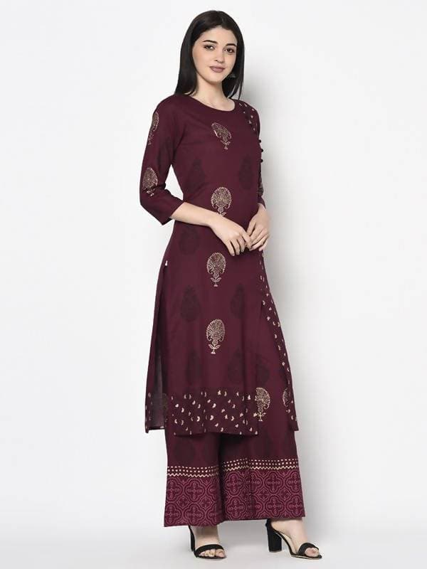 Aniyah Rayon Wine Color Block Print Straight Kurta Palazzo Set (AN-174K) | Grocsy