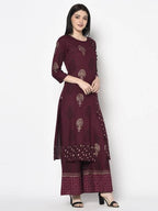 Aniyah Rayon Wine Color Block Print Straight Kurta Palazzo Set (AN-174K) | Grocsy