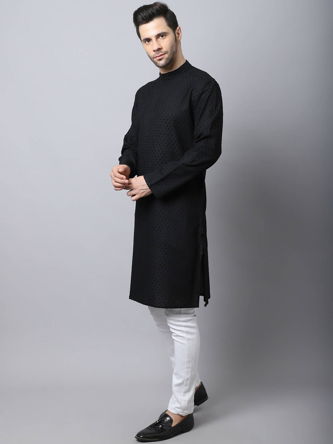 Even Apparels Black Pure Cotton Men's Kurta With Side Placket (MMS446) | Grocsy