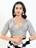 Joban Fashion Silver Silk Padded Blouse With V Neck Elbow Sleeves | Grocsy