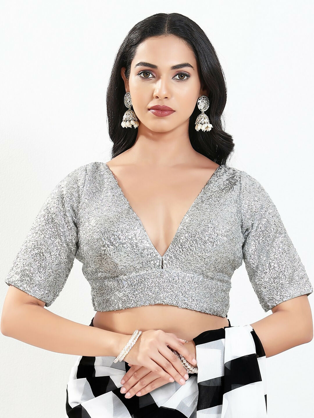 Joban Fashion Silver Silk Padded Blouse With V Neck Elbow Sleeves | Grocsy