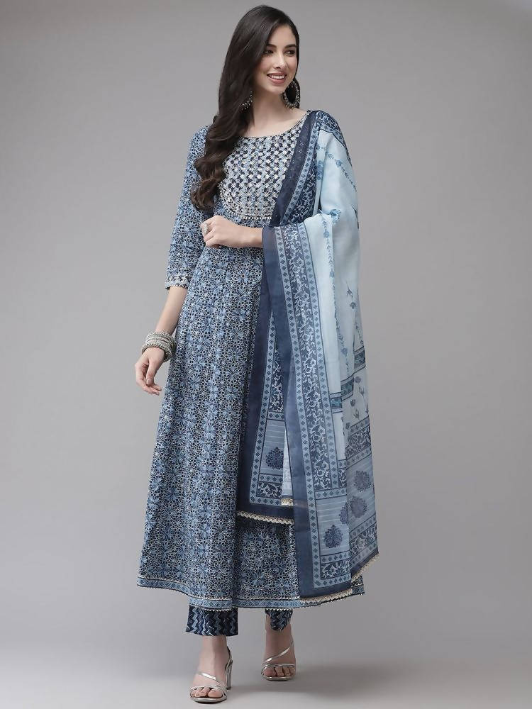 Yufta Women Blue Floral Yoke Design Angrakha Pure Cotton Kurta with Trouser With Dupatta | Grocsy