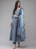 Yufta Women Blue Floral Yoke Design Angrakha Pure Cotton Kurta with Trouser With Dupatta | Grocsy