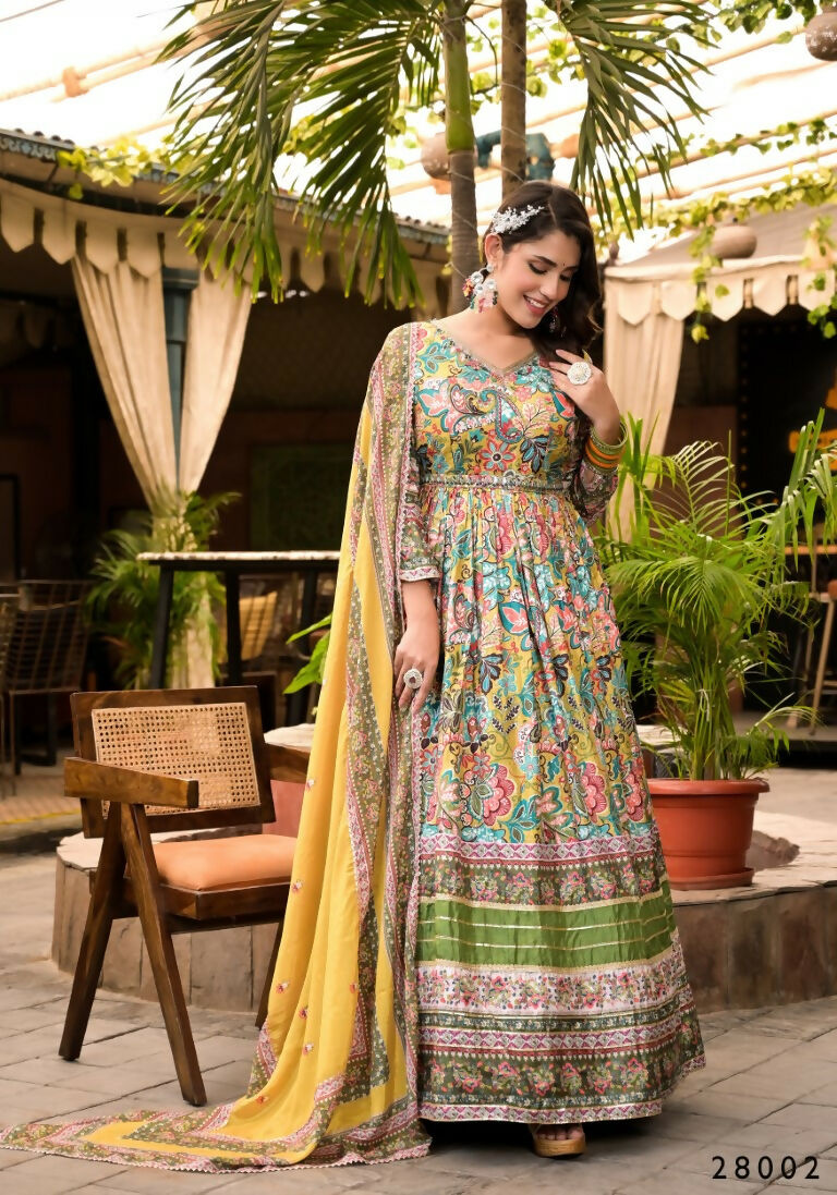 Wedding Designer Multi Soft Dola Silk Anarkali suit with Dupatta - Sanj | Grocsy