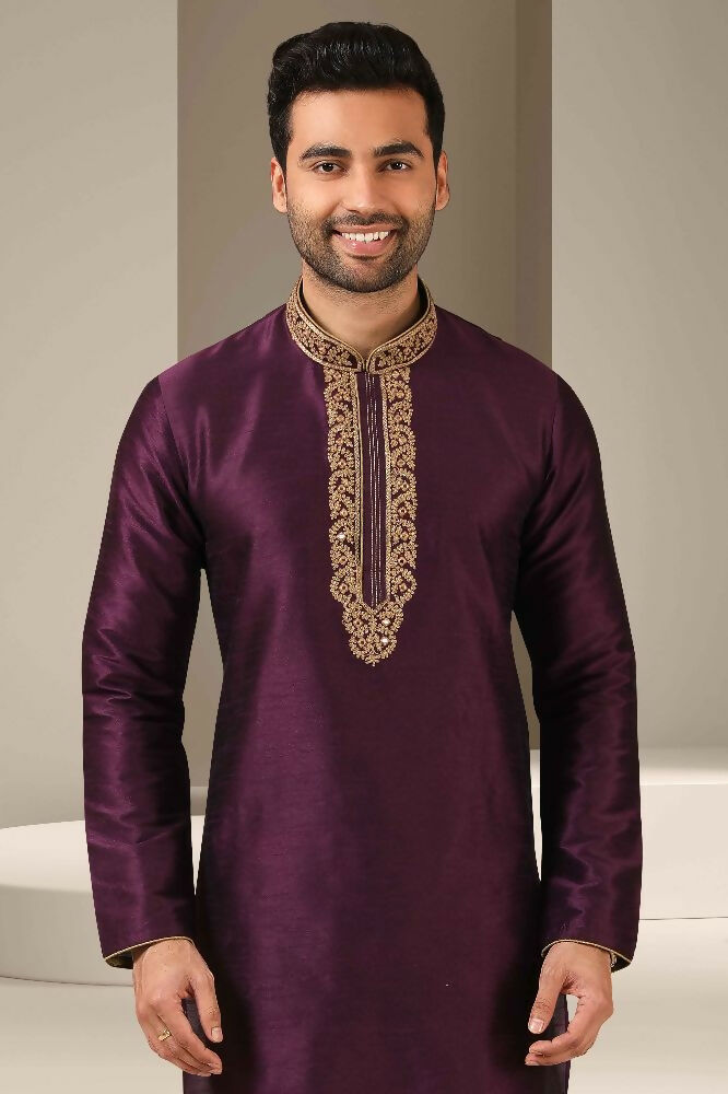 Raivat Ethnic Banarasi Art Silk Mirror Work Kurta Pajama In Mangenta Colour | Grocsy