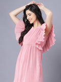 Myshka Chiffon Solid Short Sleeve Round Pink Women Dress | Grocsy