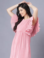 Myshka Chiffon Solid Short Sleeve Round Pink Women Dress | Grocsy