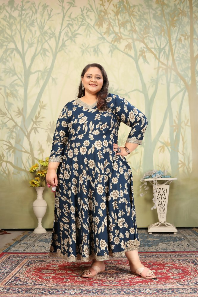 Jyoti Fashion Women's Navy Blue Rayon Floral Print with Sequins Designer Anarkali Set | Grocsy
