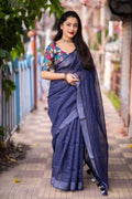 Nblue Linen Sequence Saree with Unstitched Blouse - Hiral Fashion | Grocsy