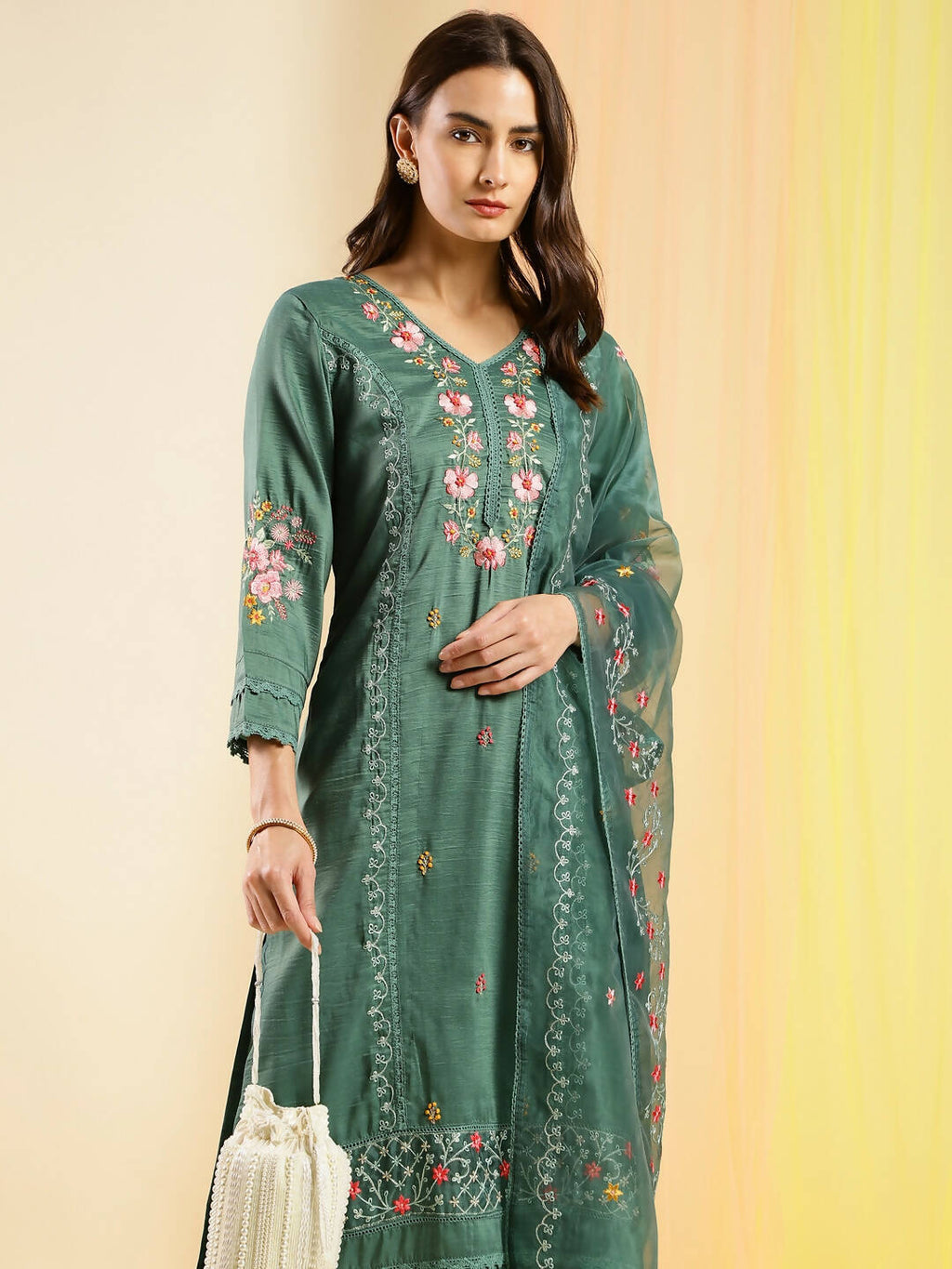 Green Chinon Embroidered Straight Kurta with Trouser & Dupatta - Salimar | Grocsy