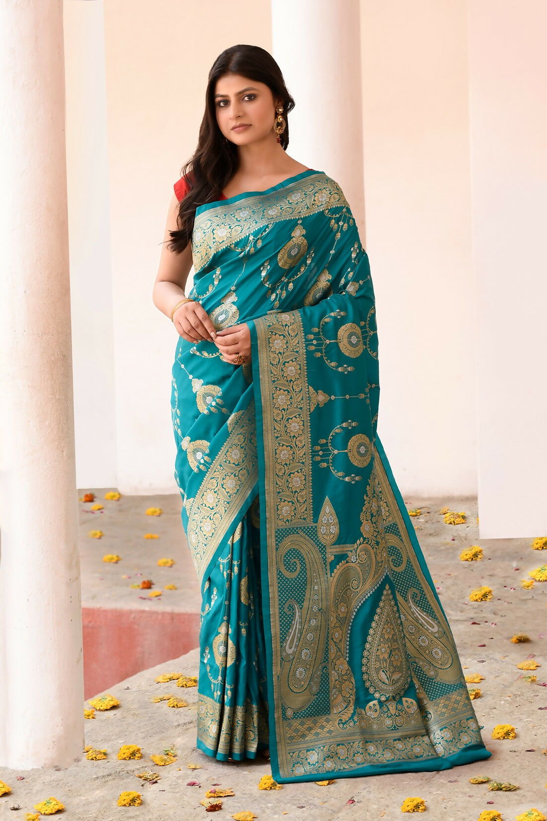Joban Fashion Teal Green Banarasi Soft Pure Handloom Banarasi Silk Saree | Grocsy