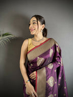 Joban Fashion Purple & Green Woven Butti Soft Silk Banarasi Silk Saree | Grocsy