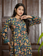 Kaajh Women's Blue Floral Printed Viscose Rayon Kurta Pant Set | Grocsy