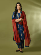 Myshka Women's Blue Printed Cotton Straight Party Kurta Set With Dupatta | Grocsy