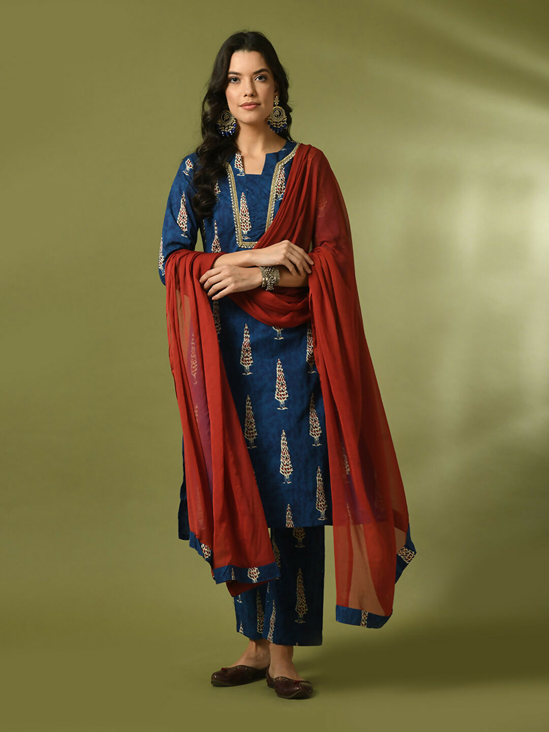 Myshka Women's Blue Printed Cotton Straight Party Kurta Set With Dupatta | Grocsy
