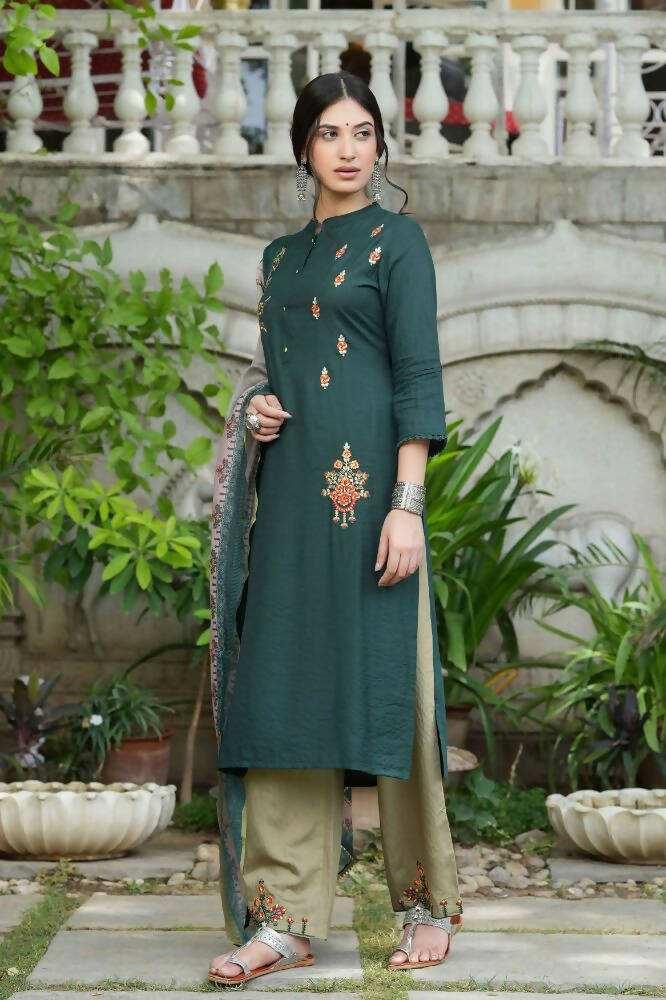 Juniper Bottle Green Mono Viscose Festive Wear Embroidered Straight Kurta Pant Dupatta Set | Grocsy