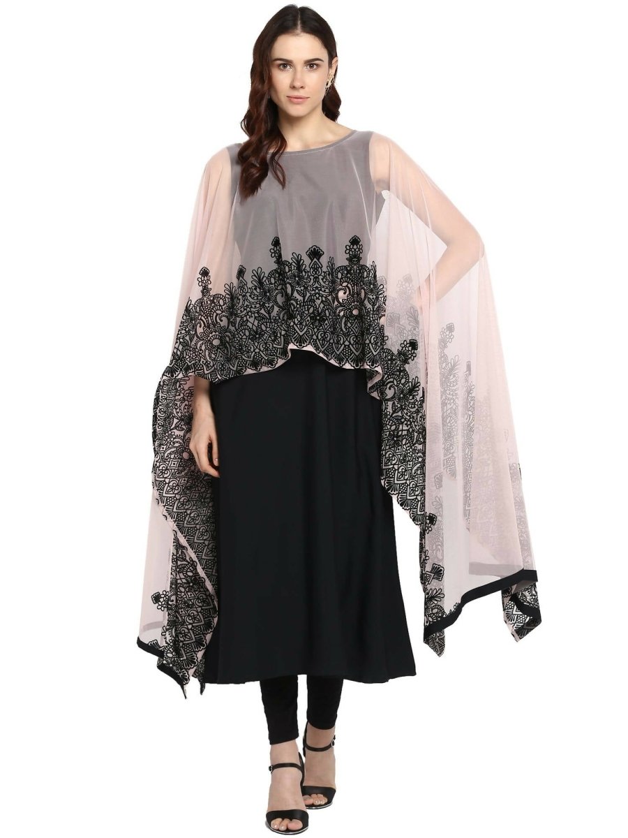 Ahalyaa Women's Beautiful Black Crepe Printed Kurta with Attached Dupatta | Grocsy