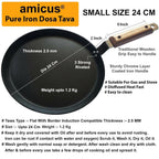 Amicus Pure Iron Tawa for Dosa Roti Chapati Paratha, Flat Iron Dosa Tava with Wooden Handle | Grocsy