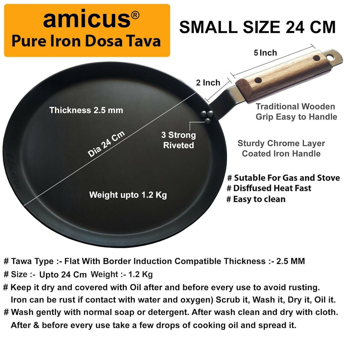 Amicus Pure Iron Tawa for Dosa Roti Chapati Paratha, Flat Iron Dosa Tava with Wooden Handle | Grocsy