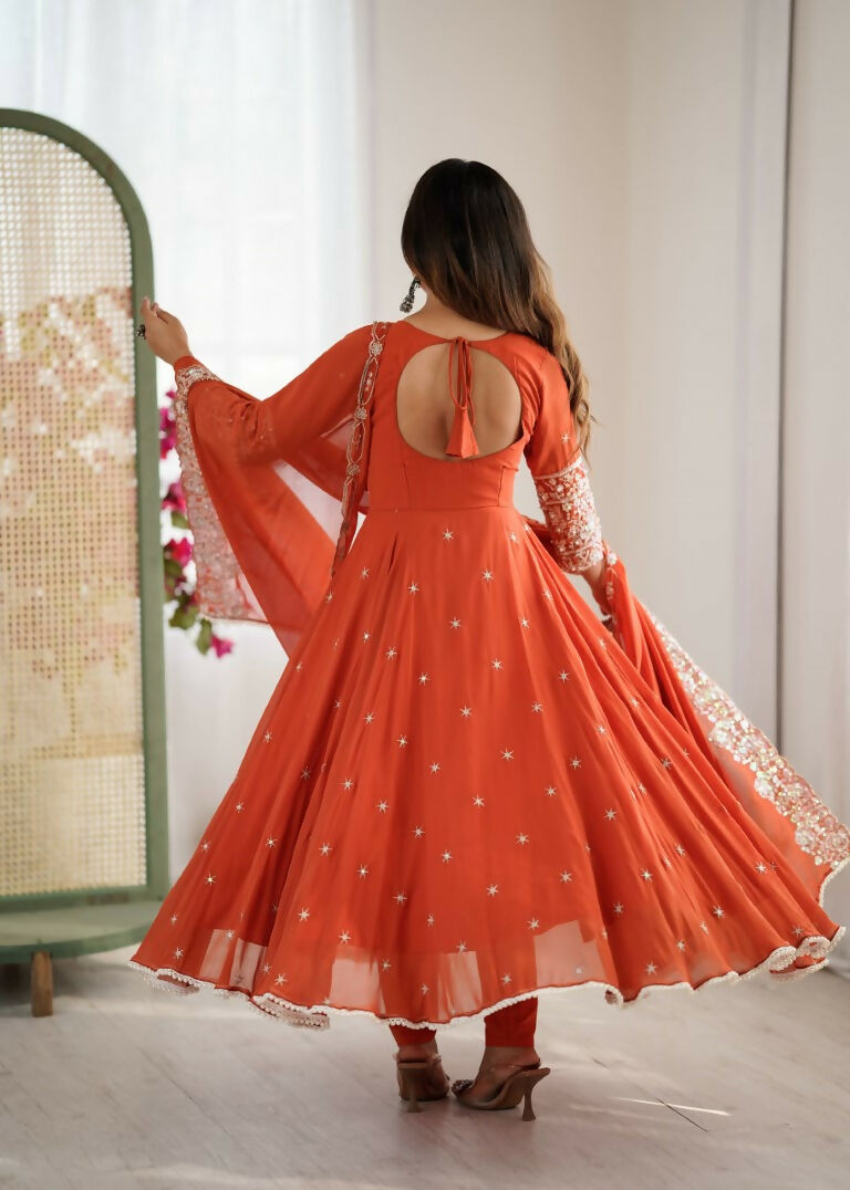 Teeya Creation Orange Color Faux georgette Embroidery Work Wedding Wear Gown | Grocsy