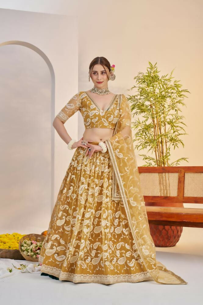 Aastha Fashion Light Golden Butterfly Net White Cotton Thread Work And Sequence Work Embroidery Wedding Wear Lehenga Choli | Grocsy