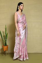 Pink Satin Silk Sequence Embroidered With Stone Work Festive Saree - Nimaya Denzy | Grocsy