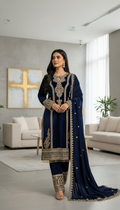 Teeya Creation Blue Color Velvet Fabric Designer Embroidery Work Suit | Grocsy