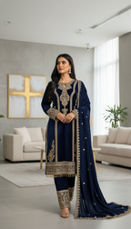 Teeya Creation Blue Color Velvet Fabric Designer Embroidery Work Suit | Grocsy