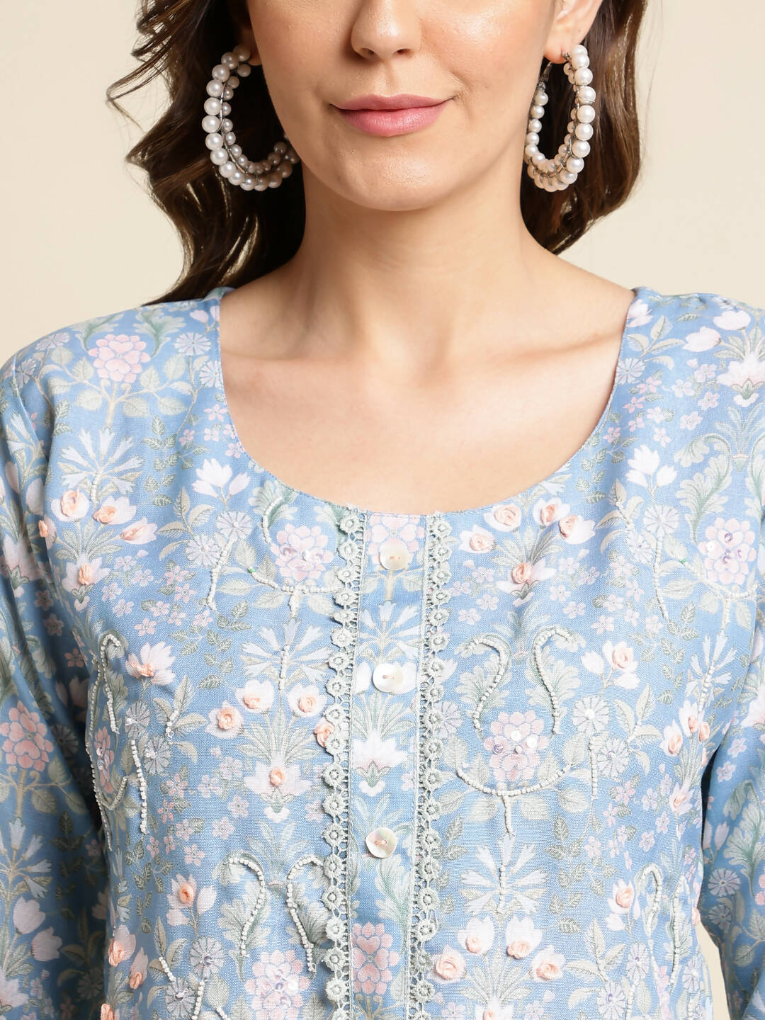 Blue Linen Floral Printed Straight Fit Kurta - Prasuti | Grocsy