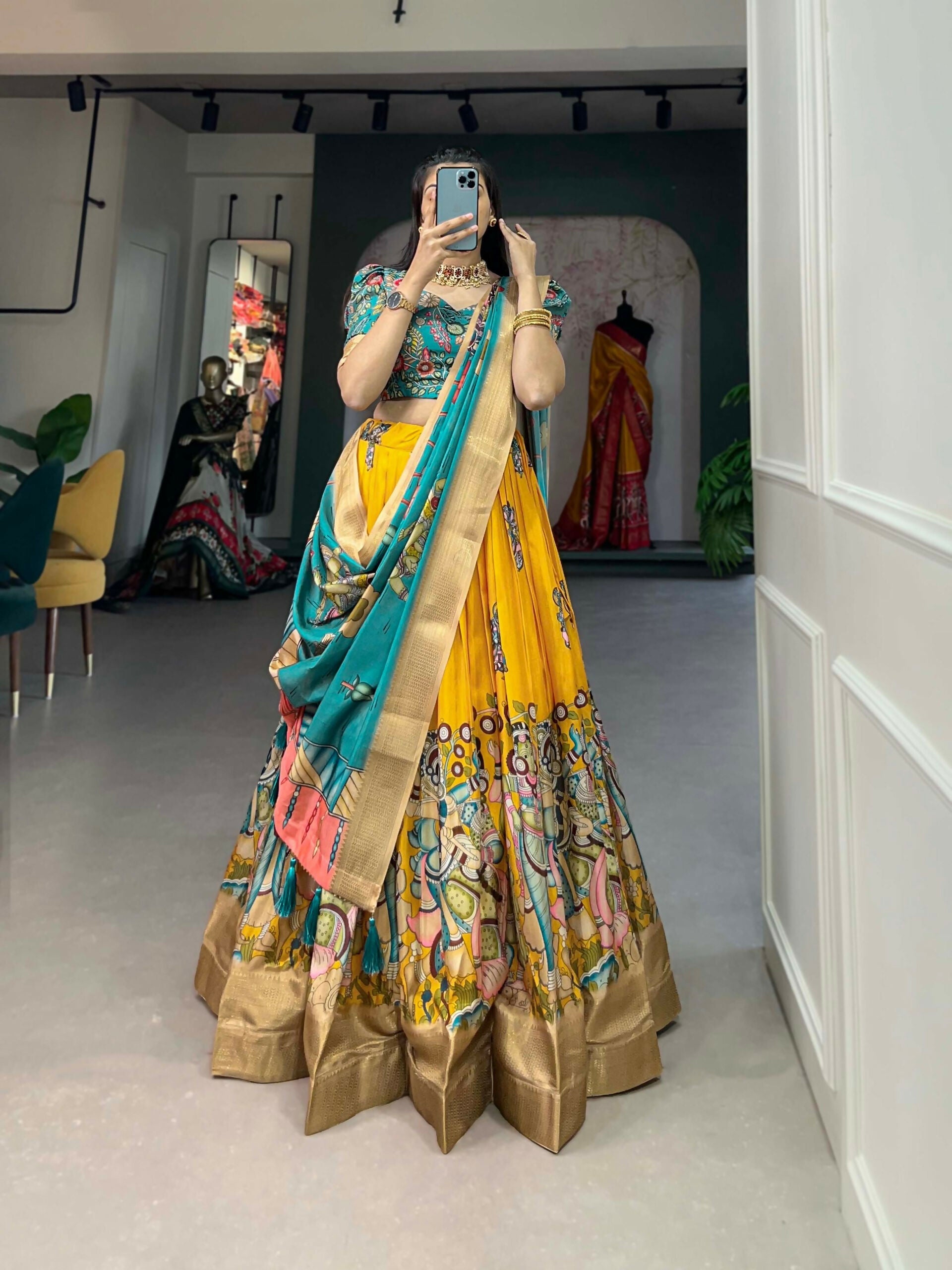 Vastranavya Kalamkari Print With Weaving Border Lehenga with Unstitched Blouse - Yellow | Grocsy
