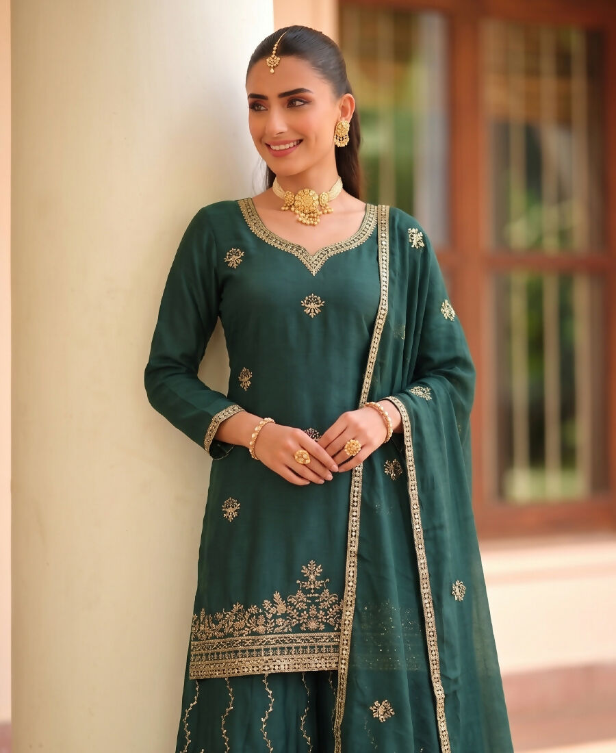 KC Green Ethnic Wear Ready Made Chinon Suit For Women | Grocsy