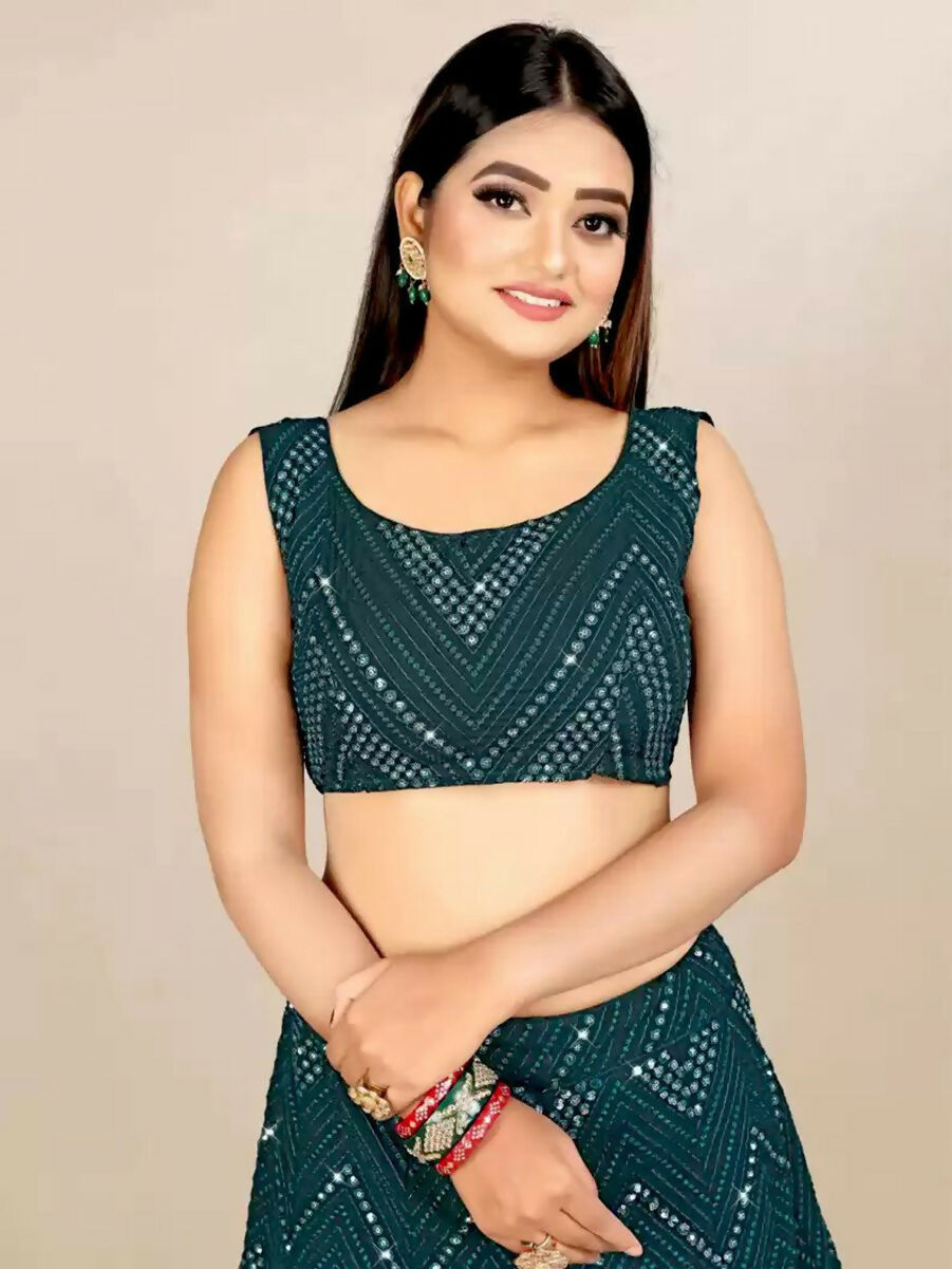 Jyoti Fashion Classy Bottle Green Georgette 3MM Sequins with Thread Embroidery Lehenga Choli with Dupatta | Grocsy