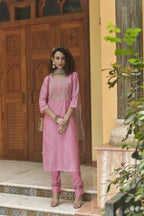 Pink Chinon Embroidered Kurta and Bottom with Dupatta - Akashara | Grocsy