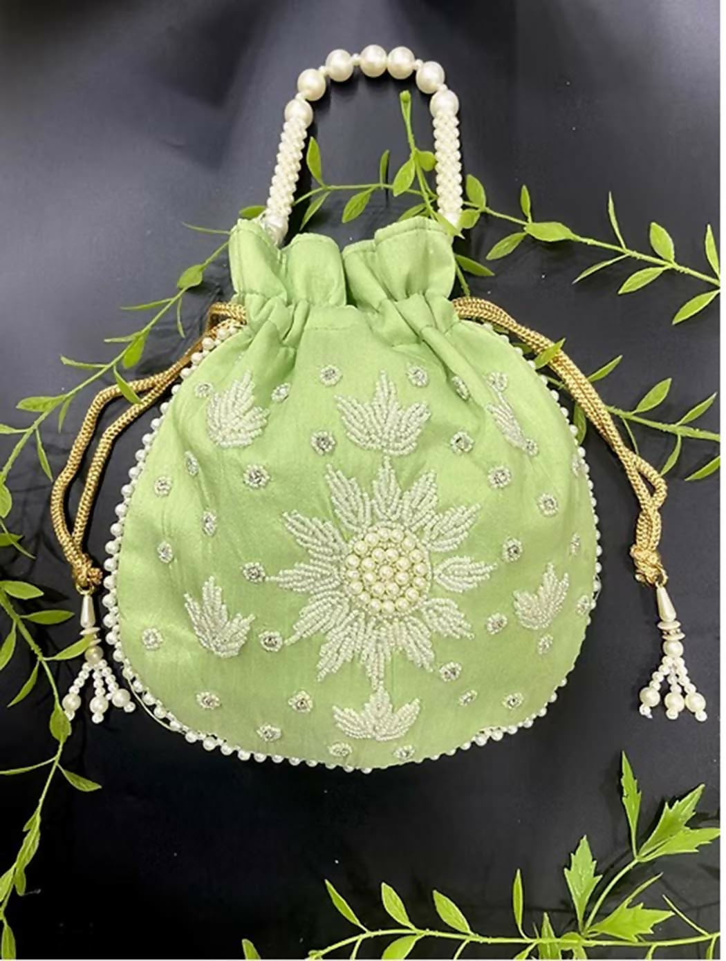 Joban Fashion Pearl Hand Work Potli Bag - Light Green | Grocsy