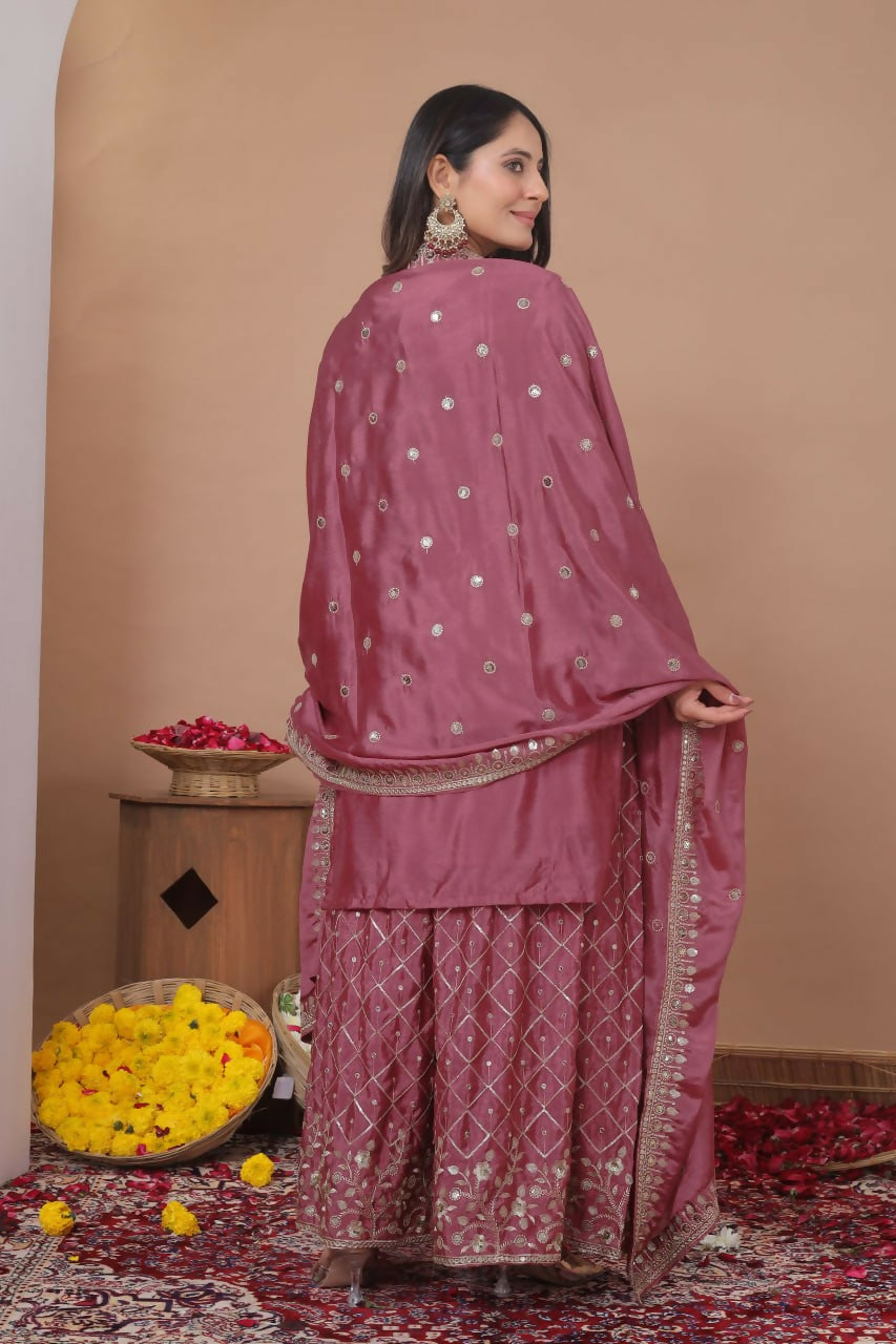 Teeya Creation Dark Onion Color Chinon Silk Wedding Wear Trending Palazzo Set | Grocsy