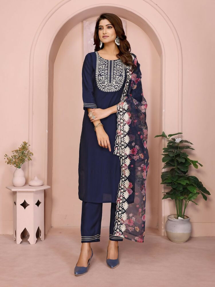 Joban Fashion Women Navy Blue Roman Embroidery Stitched Kurta Set | Grocsy