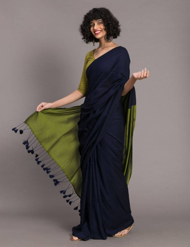 Suta Blue Green Colourblocked Cotton Blend Saree | Grocsy