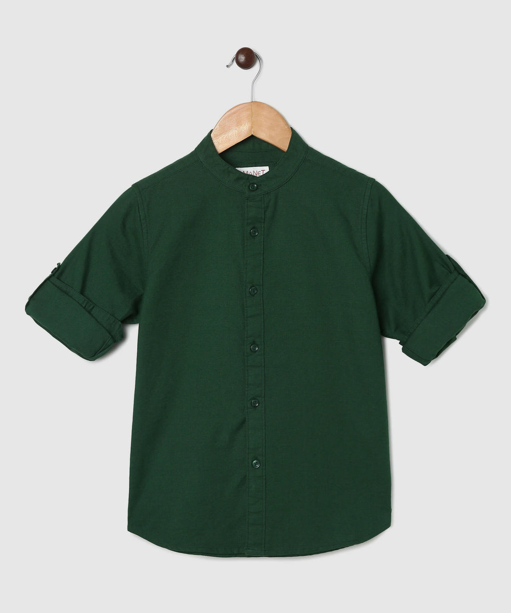 Manet Boys Mandarin Collar Full Sleeves Melange Shirt - Green | Grocsy