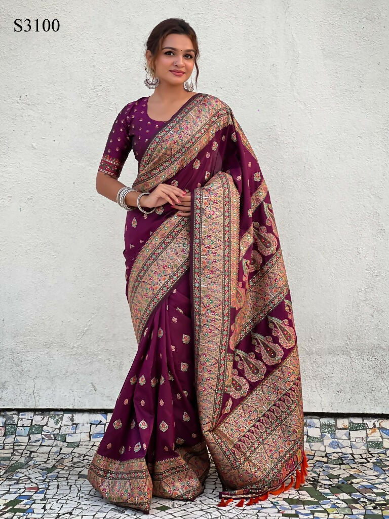 Magenta Pashmina Silk Wevon Kashmiri Meenakari Designer Saree with Unstitched Blouse - Vandini | Grocsy