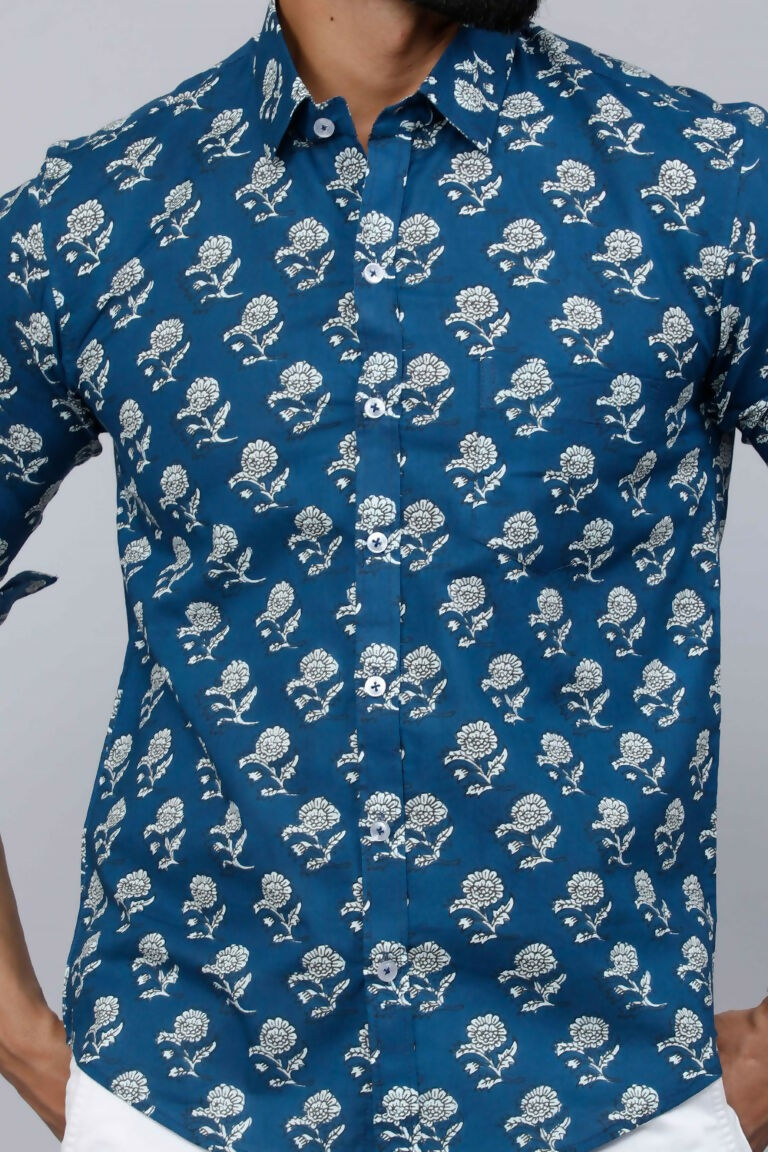 Miravan Men's Blue Spread Collar Floral Print Casual Shirt | Grocsy