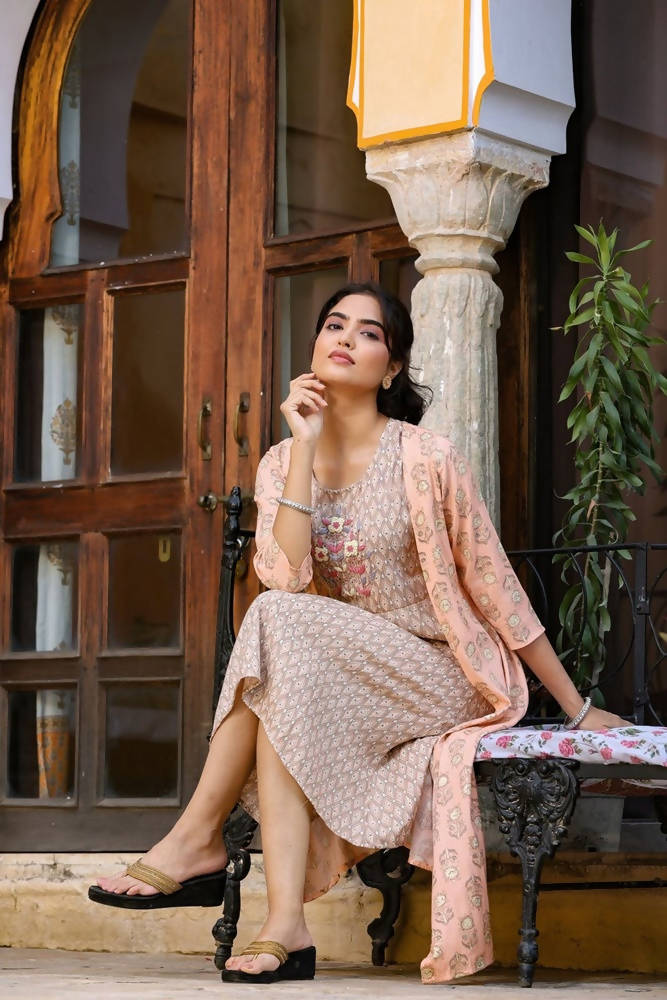 Yufta Orange Printed & Embroidered Dress | Grocsy