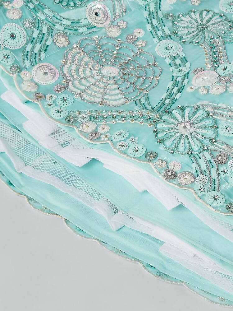 House of Panchhi Turquoise Blue Organza Sequins, Zarkan And Thread Embroidery Lehenga Choli & Dupatta | Grocsy